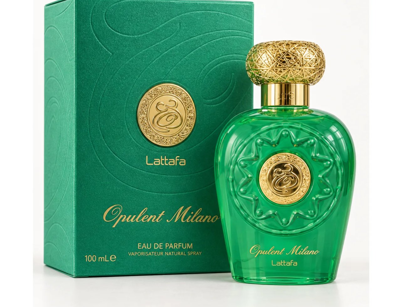 Lattafa Opulent Milano by Lattafa 100ml Men — Green perfume bottle with ornate gold cap and embossed circular emblem, next to a matching green textured box with gold emblem.
