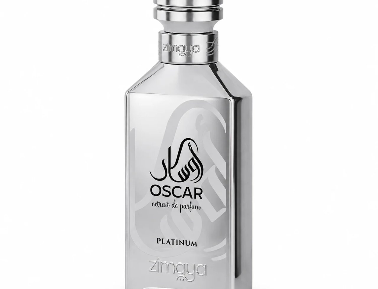 Zimaya Oscar Platinum — Botol perak metalik dengan penutup ala istana, menampilkan kaligrafi Arab dan teks 'OSCAR extrait de parfum PLATINUM'.