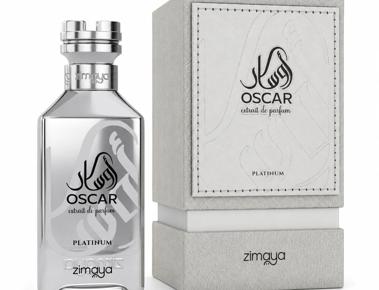 Zimaya Oscar Platinum EDP Unisex — Silver perfume bottle with a metallic cap and a grey textured box with embossed design and text.