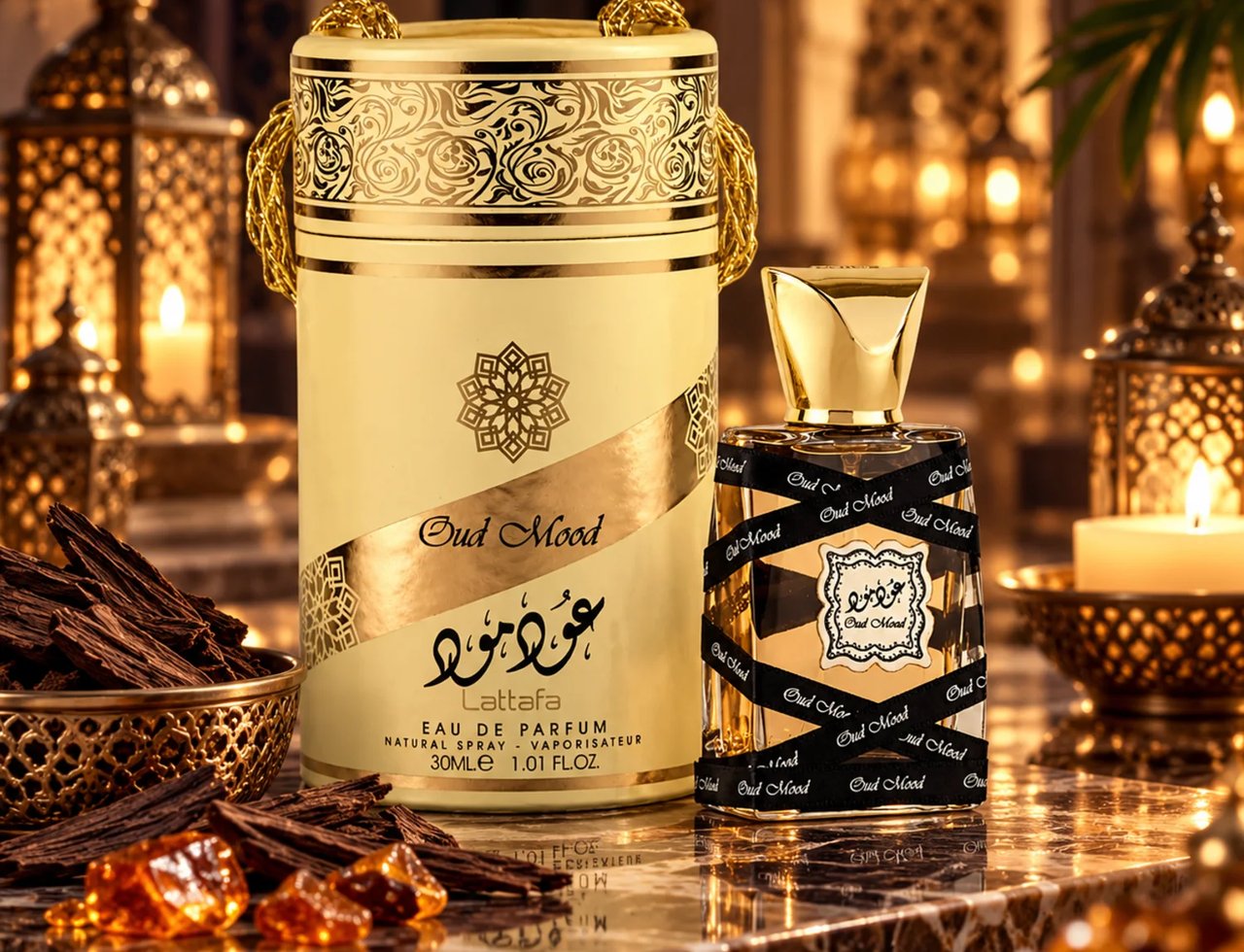 Lattafa Oud Mood 30ml EDP Unisex — Tall gold-accented cream cylinder packaging with ornate patterns, a clear glass perfume bottle with black ribbon accents, oud wood sticks, and amber resin pieces on a marble surface, with soft candlelit lanterns in the background.
