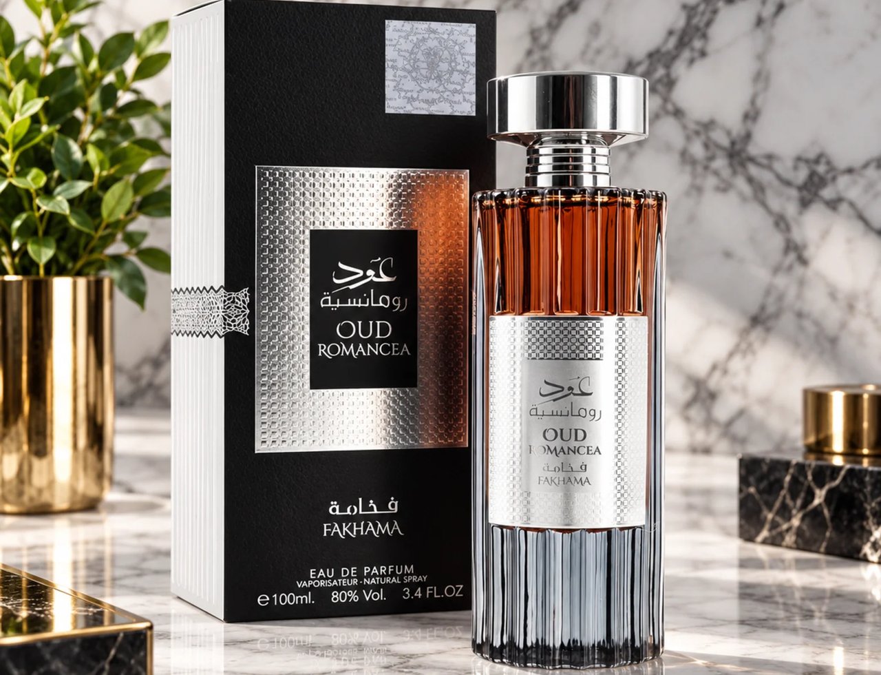 Ard Al Zaafaran Oud Romancea Fakhama — Botol minyak wangi dan kotak dipamerkan di atas permukaan marmar bersama pokok dalam pasu dan blok hiasan.
