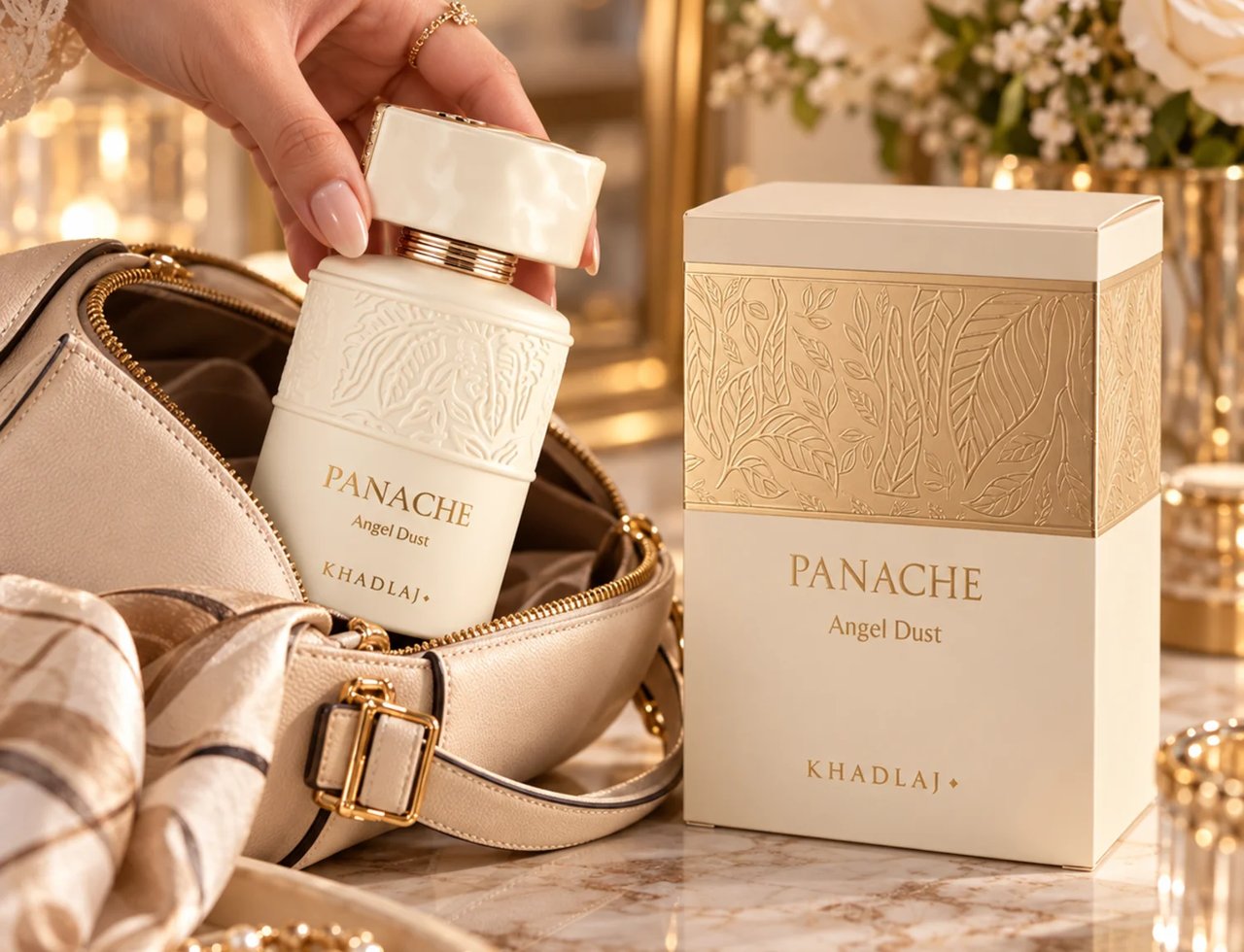Khadlaj Panache Angel Dust — Tangan memegang botol minyak wangi warna krim dengan perincian emas, diletakkan di dalam beg tangan warna krim. Kotak minyak wangi sepadan di sebelahnya, dengan ukiran bunga.