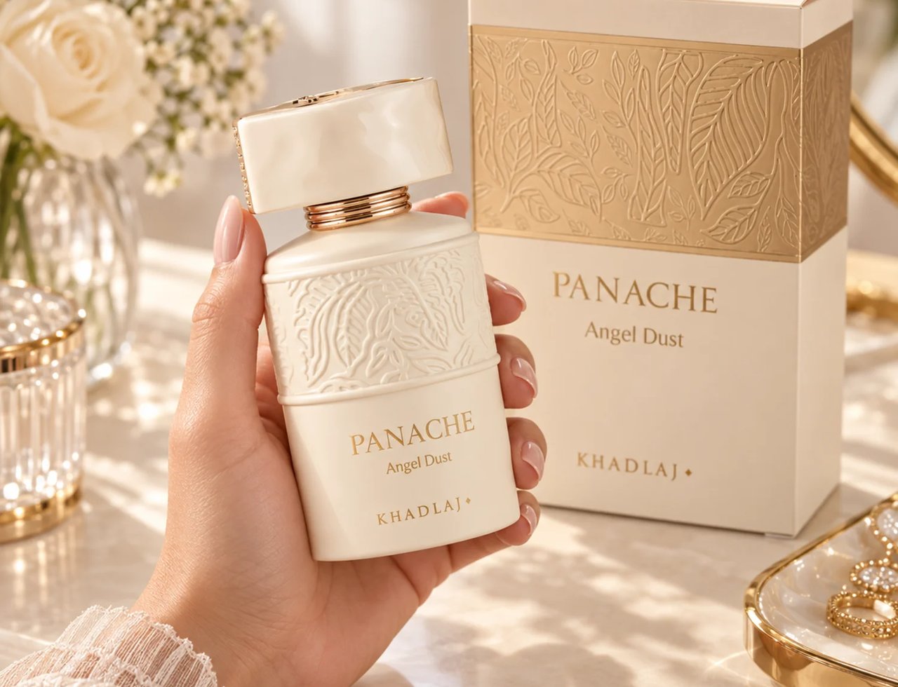 Khadlaj Panache Angel Dust — Woman's hand holding a white and gold embossed perfume bottle, with the matching box in the background, surrounded by white roses and decorative items.