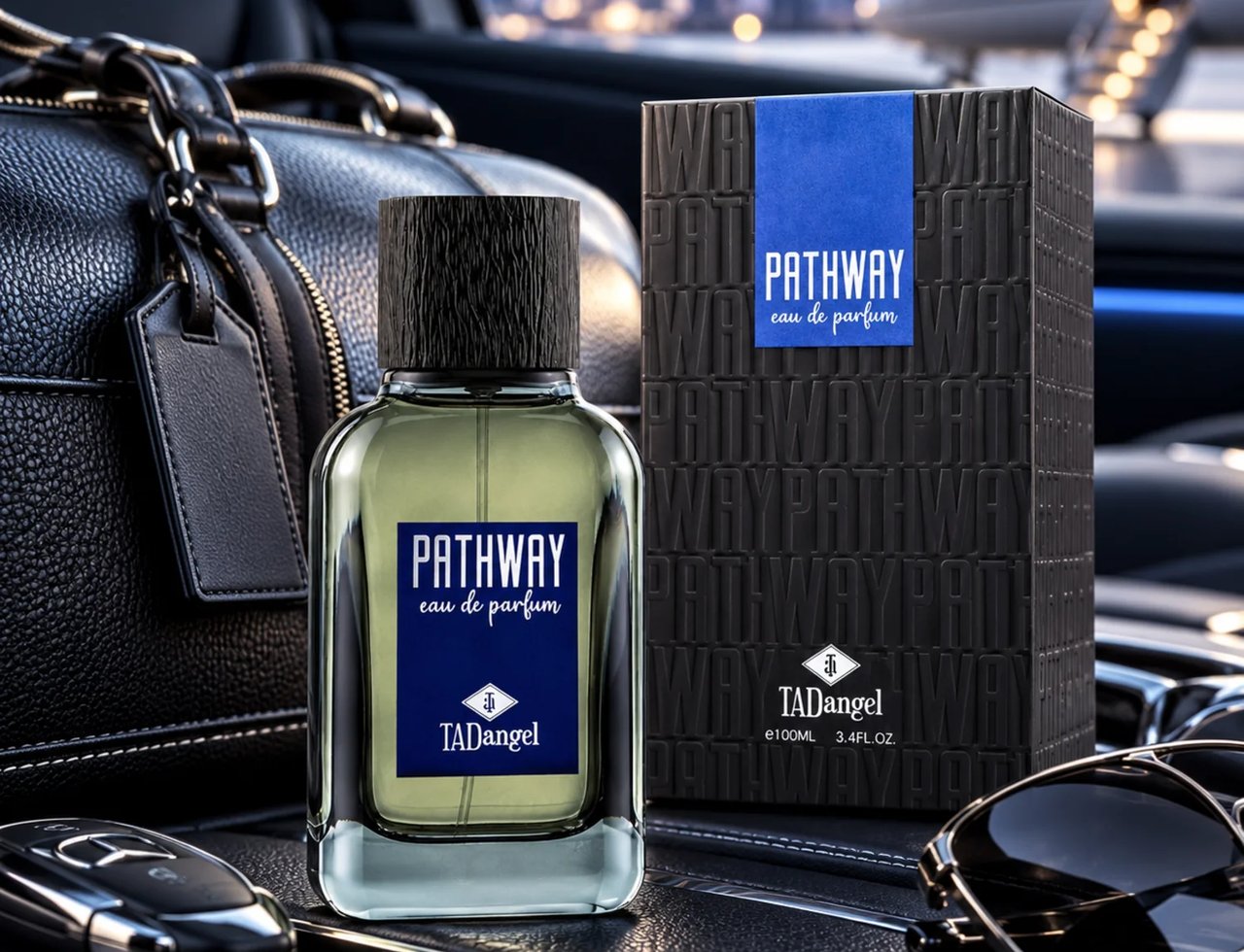 TADangel Pathway by Tad Angel 100ml EDP Men — Beg kulit hitam, kunci kereta, dan cermin mata hitam disusun di sekeliling botol minyak wangi kaca dan kotak bertekstur hitamnya, berlatar belakang pemandangan bandar dan jet peribadi yang kabur.