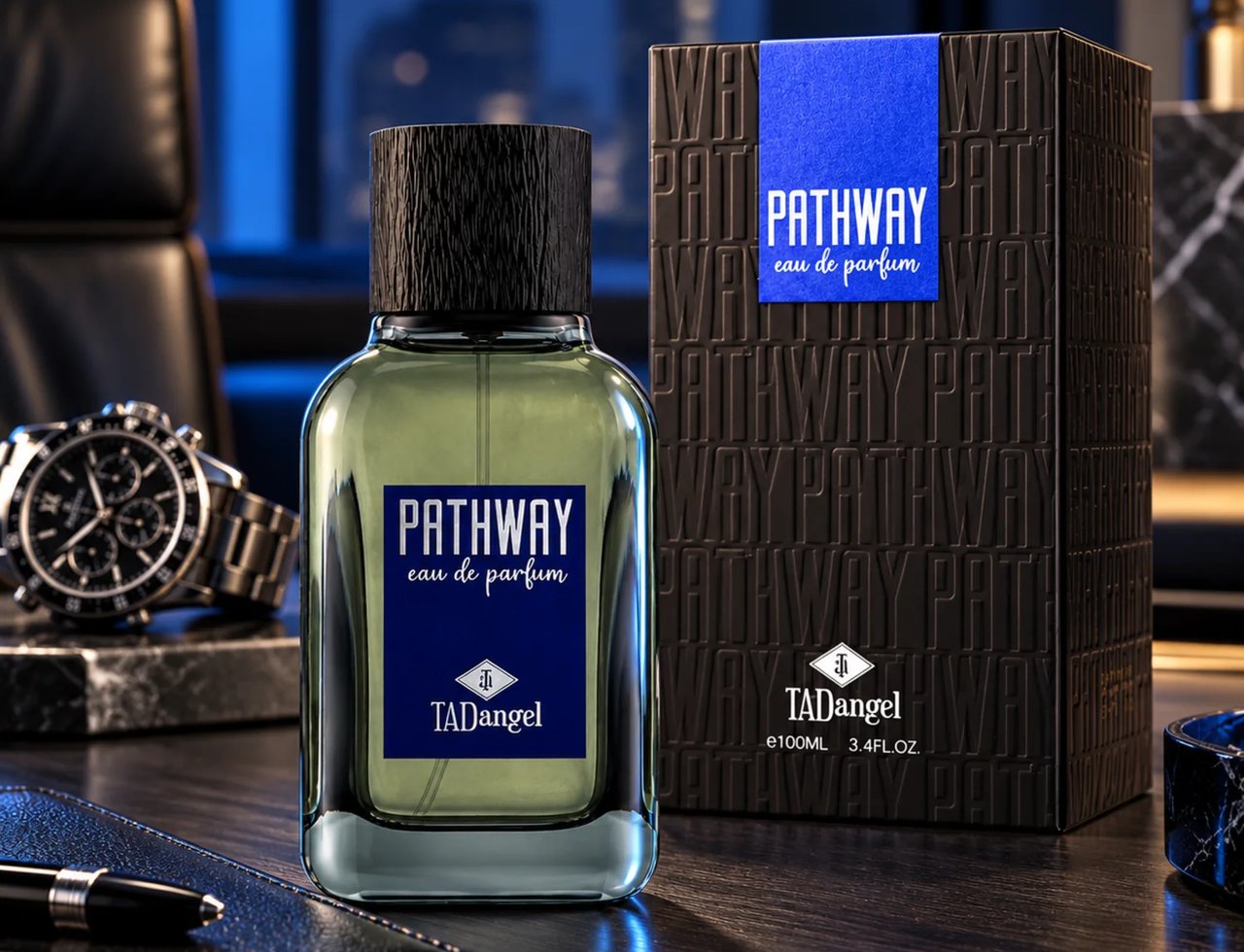 TADangel Pathway by Tad Angel 100ml EDP Men — Glass perfume bottle with textured black cap, blue label, next to embossed black box, luxury watch, and notebook on wooden desk.