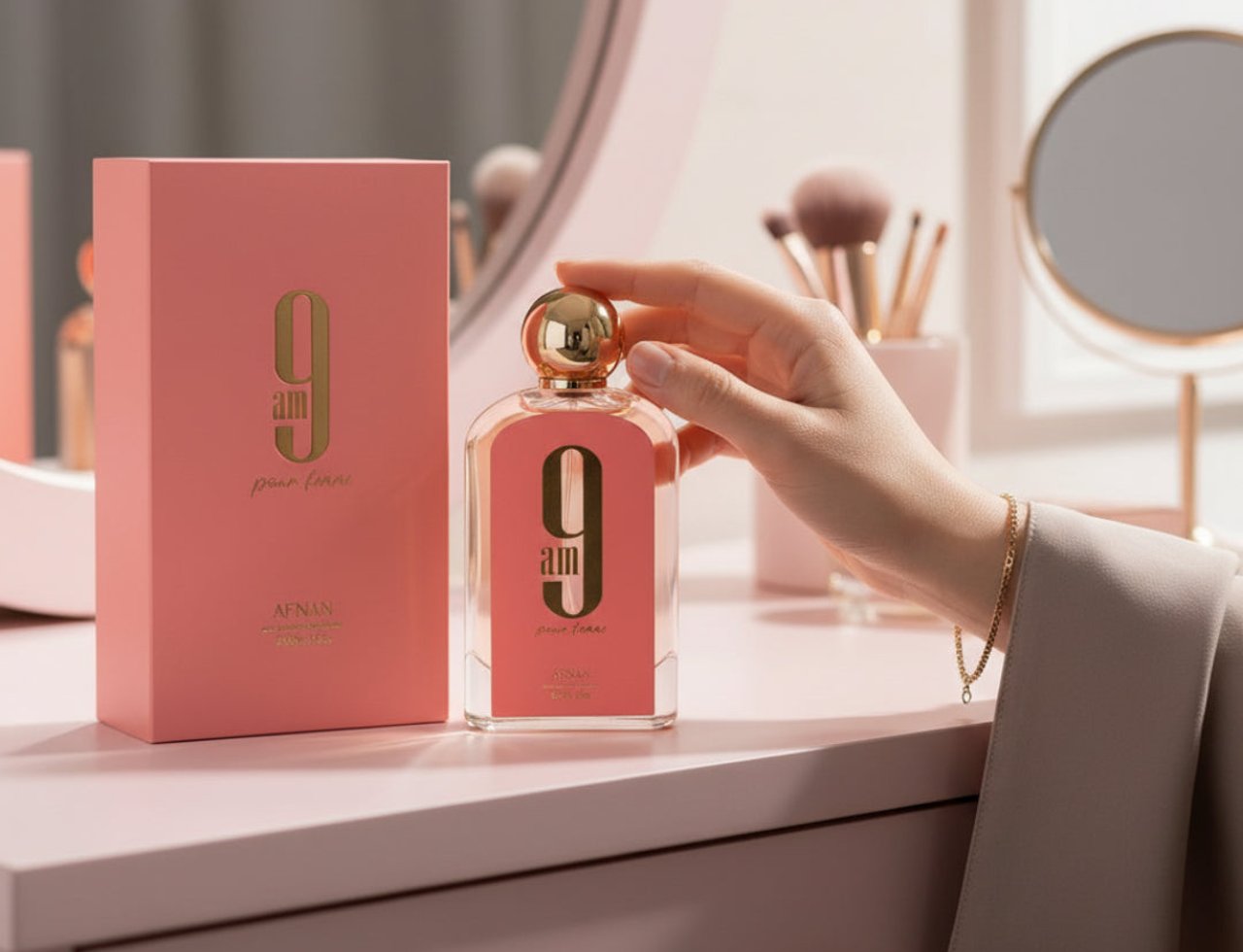 Afnan 9 AM – Pour Femme by Afnan Perfumes – 100 ml for Women — A hand holds a clear glass perfume bottle with a gold cap, featuring a pink label with '9 am pour femme' text, next to its matching pink box on a pink vanity.