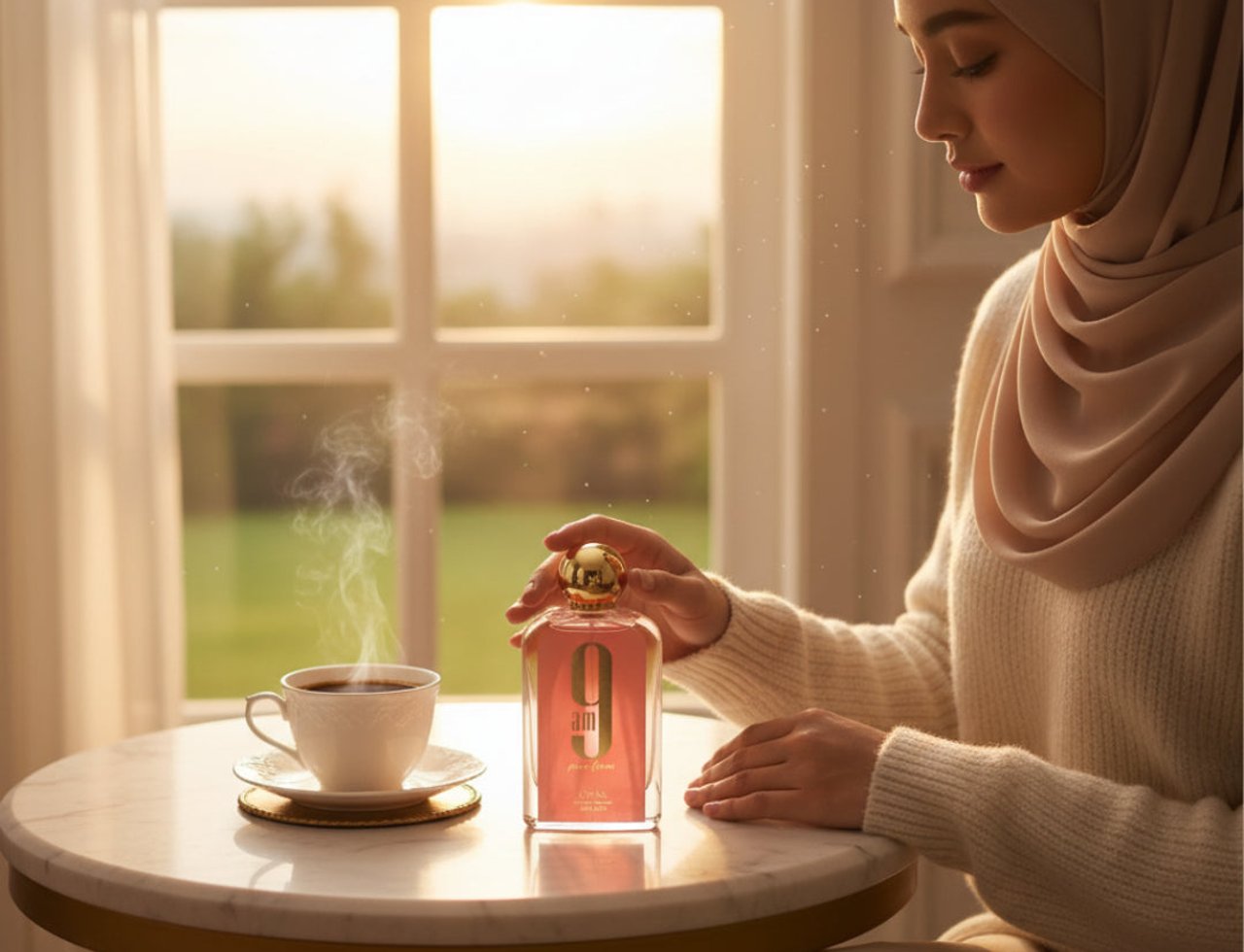 Afnan 9 AM – Pour Femme by Afnan Perfumes – 100 ml untuk Wanita — Wanita bertudung pegang botol minyak wangi merah jambu sebelah cawan kopi berasap di atas meja marmar, cahaya pagi lembut dari tingkap.