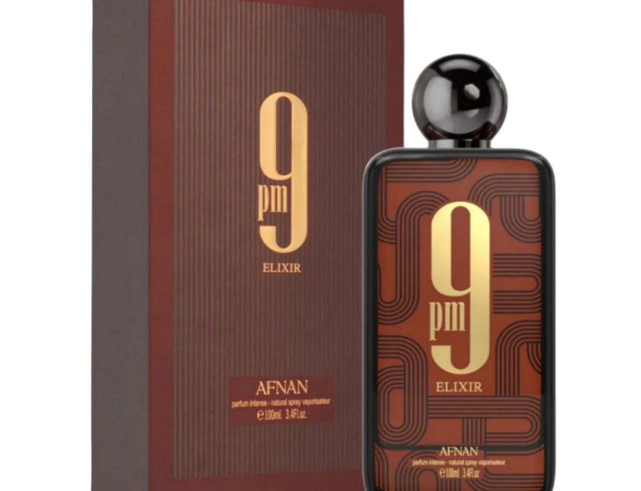 Afnan 9PM Elixir by Afnan 100ml EDP Men — Set wangian lelaki Afnan 9PM Elixir dalam kotak coklat berjalur dan botol kaca coklat dengan penutup bulat berkilat, menampilkan corak berulang nombor 9.