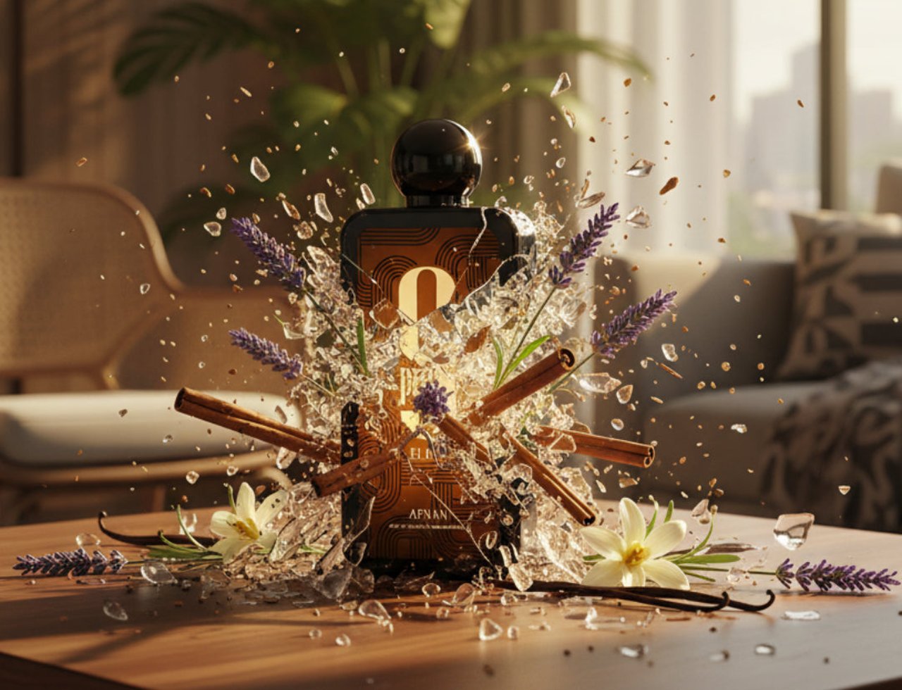 Afnan 9PM Elixir by Afnan 100ml EDP Men — Perfume bottle exploding with cinnamon, lavender, vanilla, and glass shards.