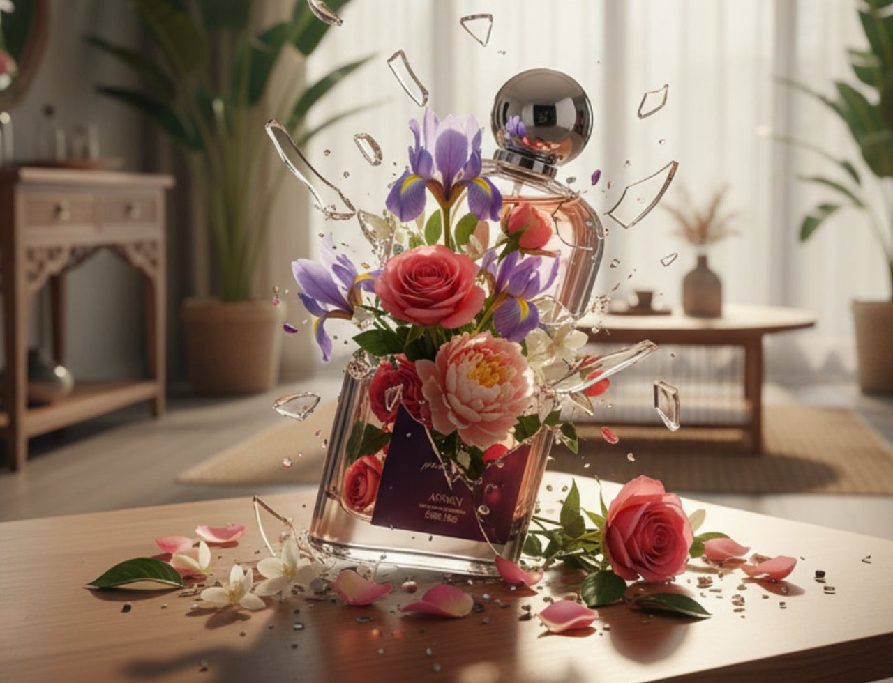 Afnan 9 PM - Pour Femme Afnan Perfumes 100 ml Women botol kaca pecah dengan bunga ros dan irises meletup keluar, kelopak bunga bertaburan di atas meja kayu