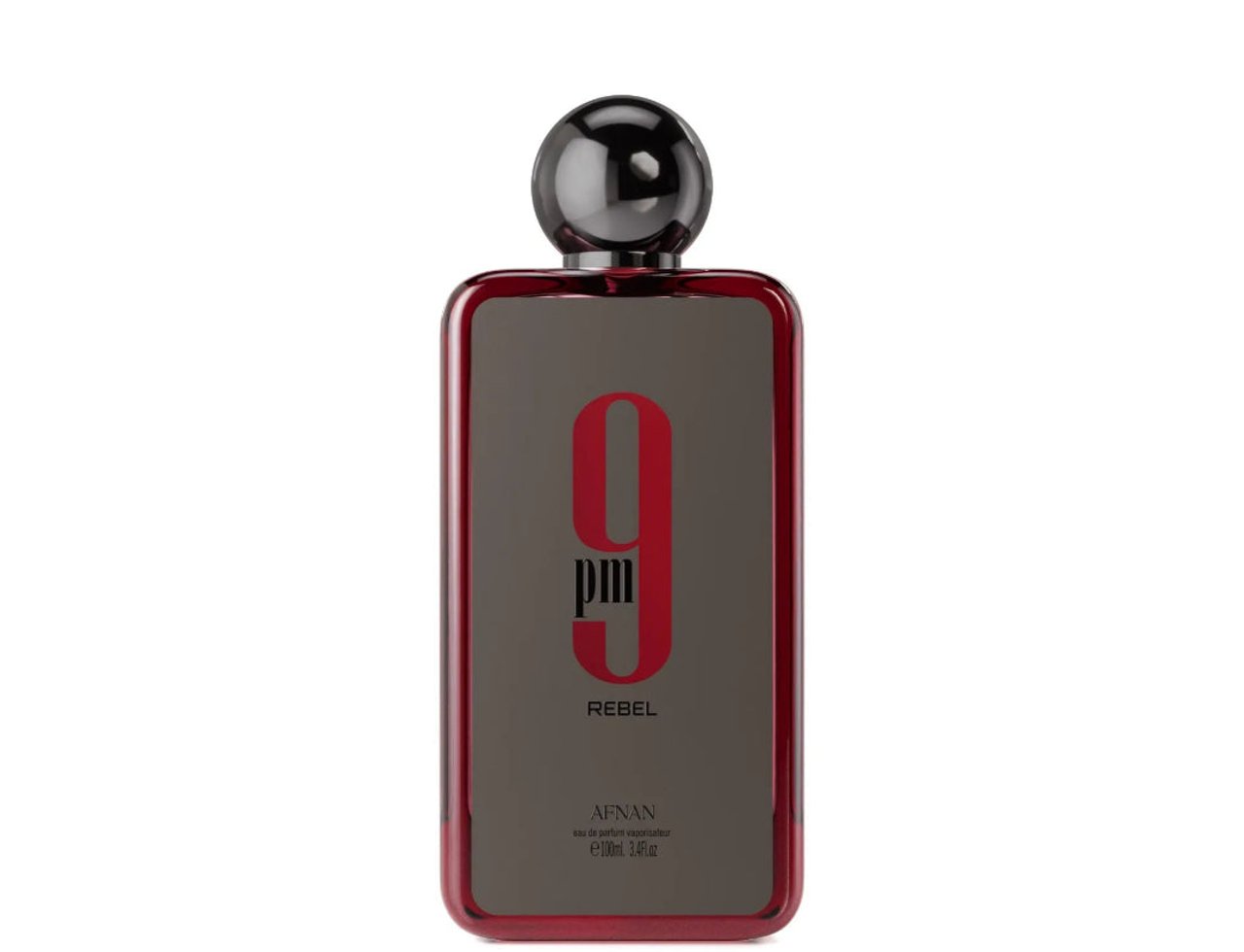 Afnan 9 PM Rebel by Afnan EDP 100 ml Men — Botol wangian lelaki berwarna merah gelap dengan penutup bulat berkilat, menampilkan logo '9 pm Rebel' berwarna merah dan kelabu di bahagian hadapan.