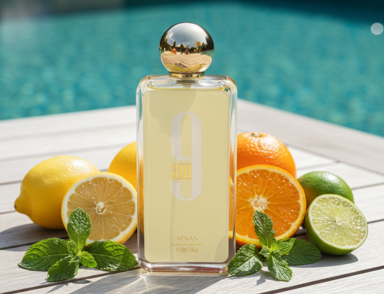Afnan 9 AM by Afnan 100 ml EDP Unisex — Clear glass bottle with gold cap surrounded by lemons, oranges, limes, and mint
