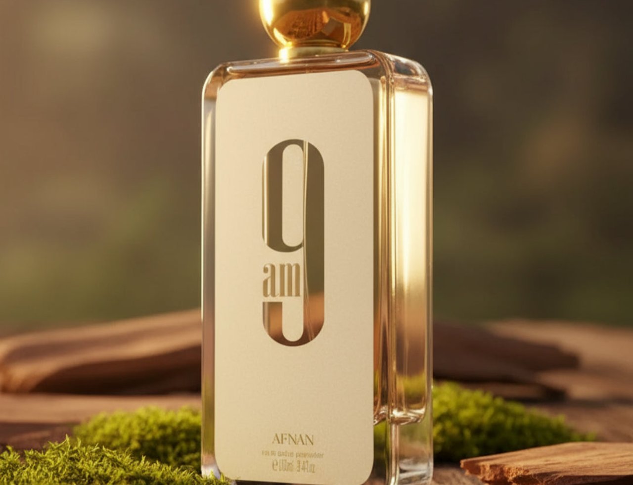 Afnan 9 AM by Afnan 100 ml EDP Unisex — Botol wangian kaca jernih dengan penutup bulat emas, label putih dengan tulisan '9 am', diletakkan di atas kayu dengan lumut hijau dan serpihan kayu