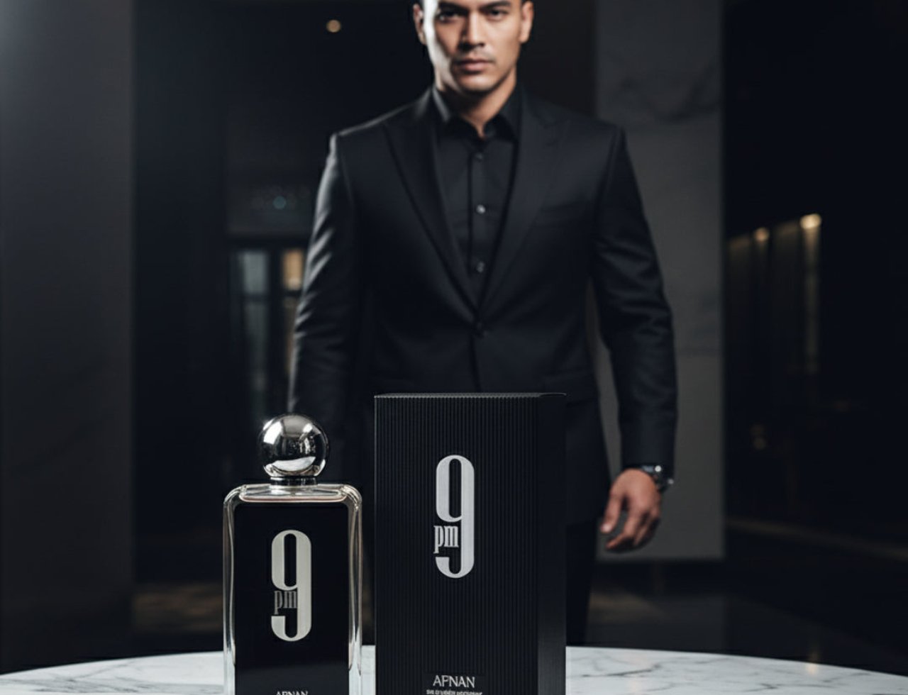 Afnan 9PM by Afnan 100ml EDP Men — Lelaki kacak berbaju hitam berdiri di belakang botol wangian dan kotaknya di atas meja marmar.