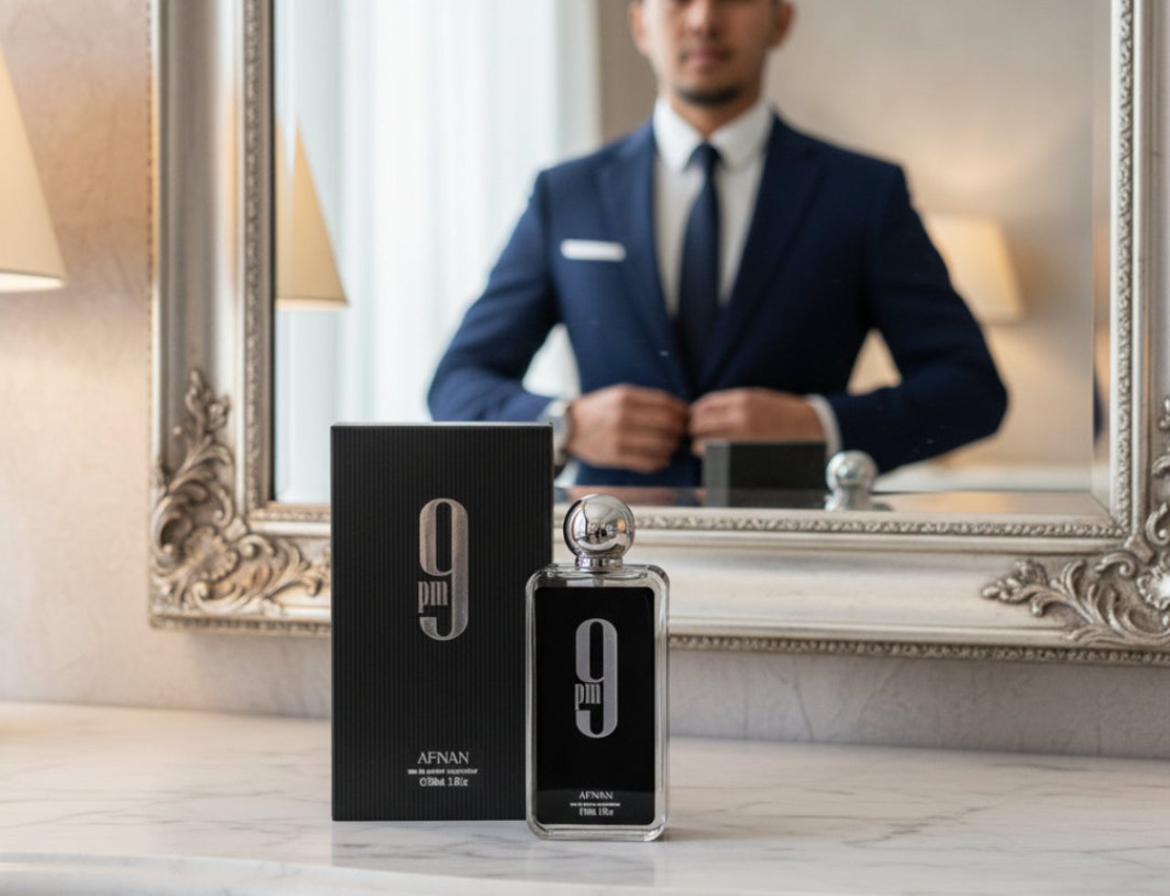 Afnan 9PM by Afnan 100ml EDP Men — A man in a blue suit adjusts his jacket in a mirror, with a perfume box and bottle on a