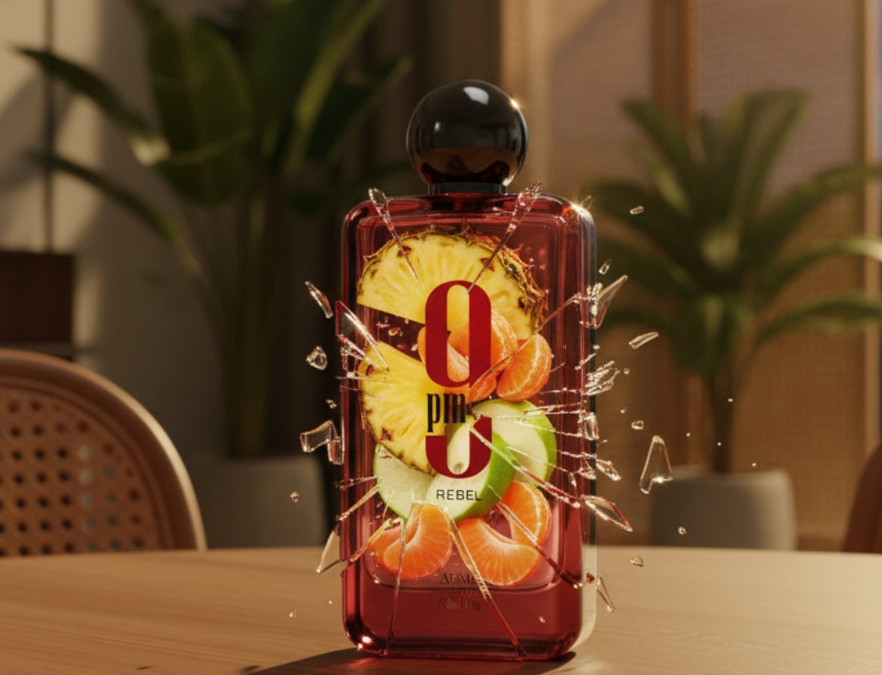 Afnan 9 PM Rebel by Afnan EDP 100 ml Men — Red perfume bottle with fruit slices and shattered glass effect