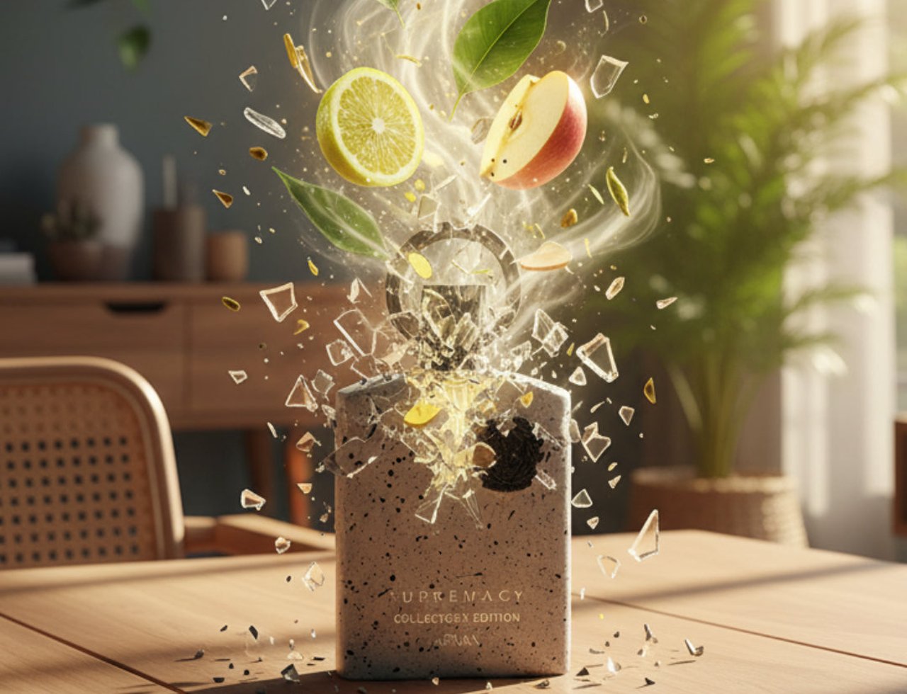 Afnan Supremacy Collector’s Edition — Exploding perfume bottle with lemon, apple slices, leaves, and glass shards flying out.