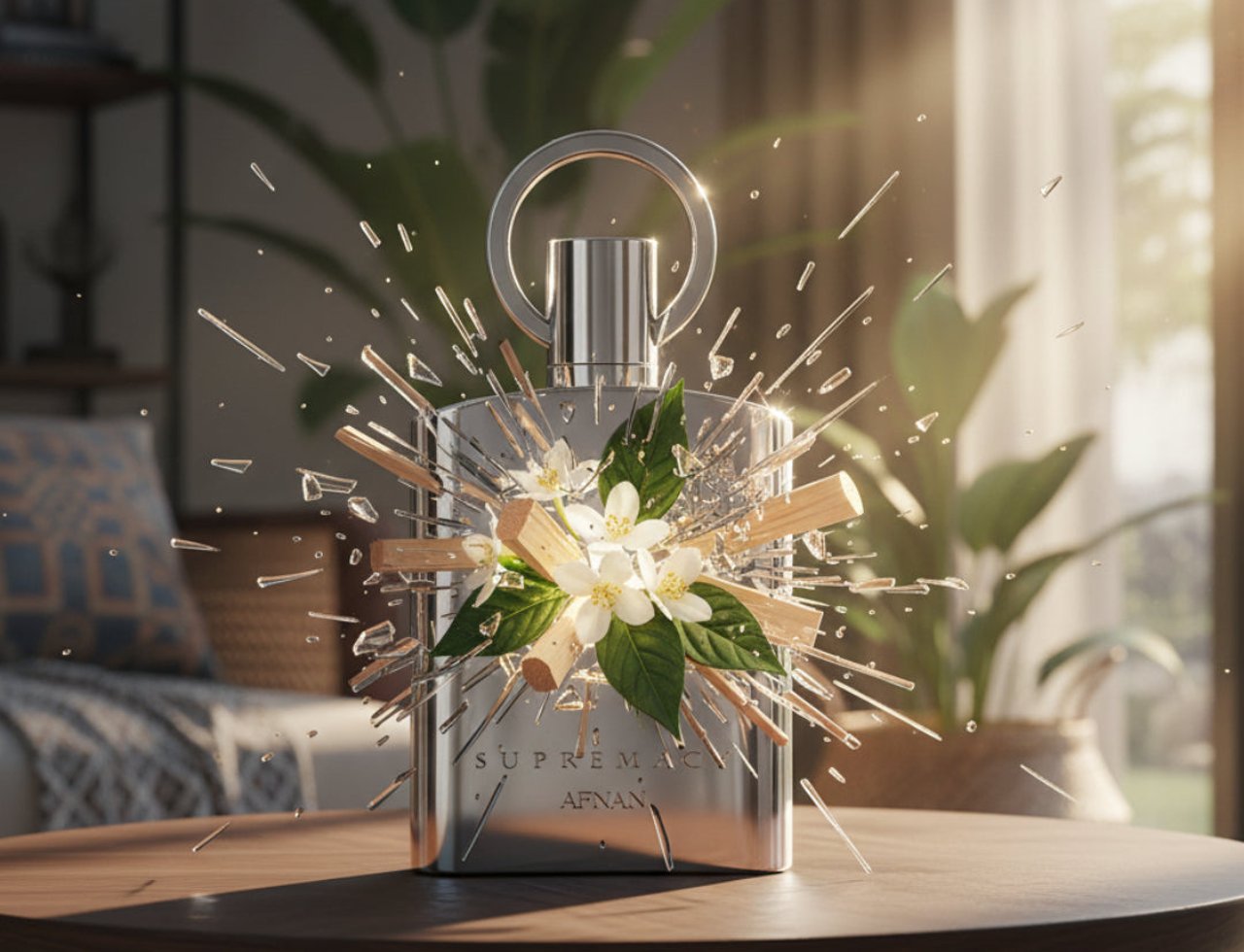 Afnan Supremacy Silver by Afnan 100ml EDP Men — Botol wangian perak berkilauan dengan bunga putih dan ranting kayu pecah di sekelilingnya, diletakkan di atas meja kayu di dalam bilik yang terang.
