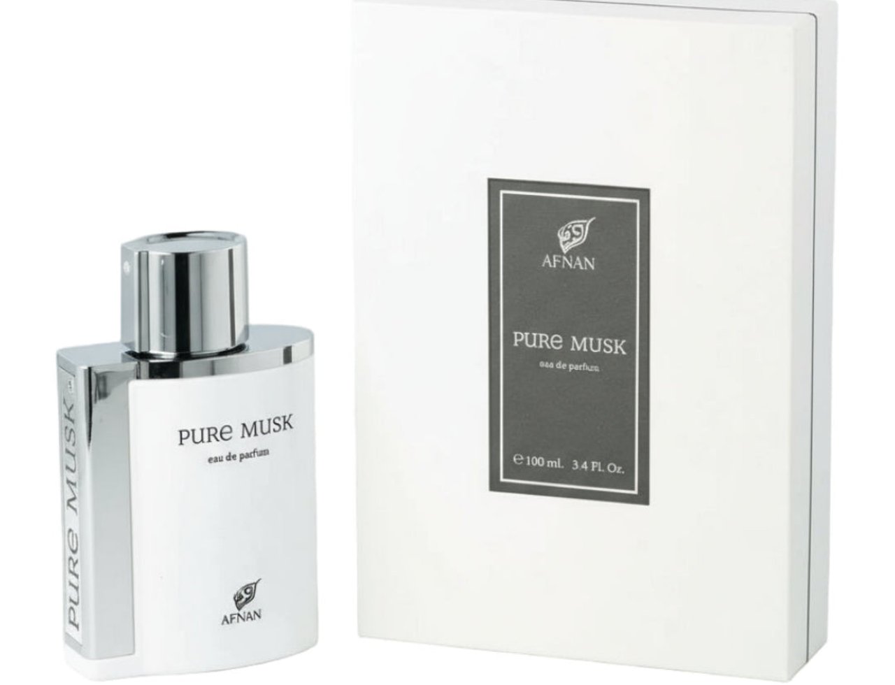Afnan Pure Musk by Afnan 100ml EDP Unisex — Botol wangian putih berkilat dengan penutup perak, diletakkan di sebelah kotak putih berlabel.