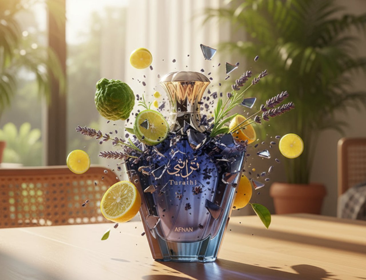 Afnan Turathi Blue — Shattered blue perfume bottle with lemons, kaffir lime, and lavender exploding outwards
