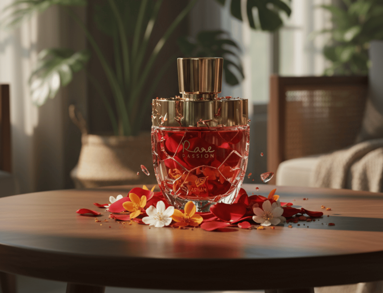 Afnan Rare Passion by Afnan 100ml EDP Woman — Botol kaca berukir dengan penutup emas, berisi cecair merah pekat, diletakkan di atas meja kayu dikelilingi kelopak bunga merah dan putih serta bunga oren kecil.