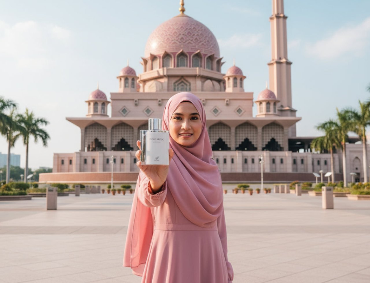 Afnan Pure Musk — Woman in pink hijab and dress holds perfume bottle in front of pink mosque