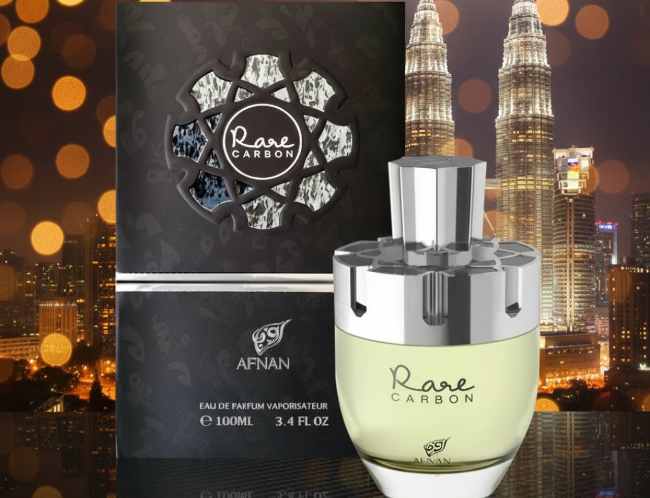 Afnan Rare Carbon by Afnan Perfumes – 100 ml for Men bottle and box with Kuala Lumpur skyline background