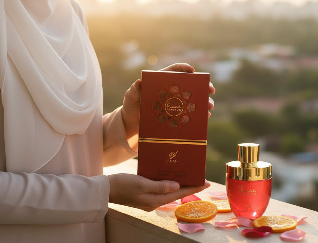 Afnan Rare Passion by Afnan 100ml EDP Woman — Woman in hijab holds red box with gold accents, next to red bottle, orange