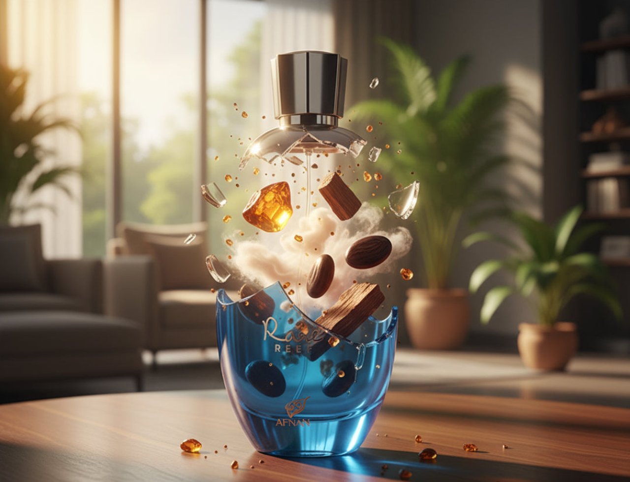 Afnan Rare Reef — Blue perfume bottle with ingredients exploding upwards, including amber, wood, and coffee beans.