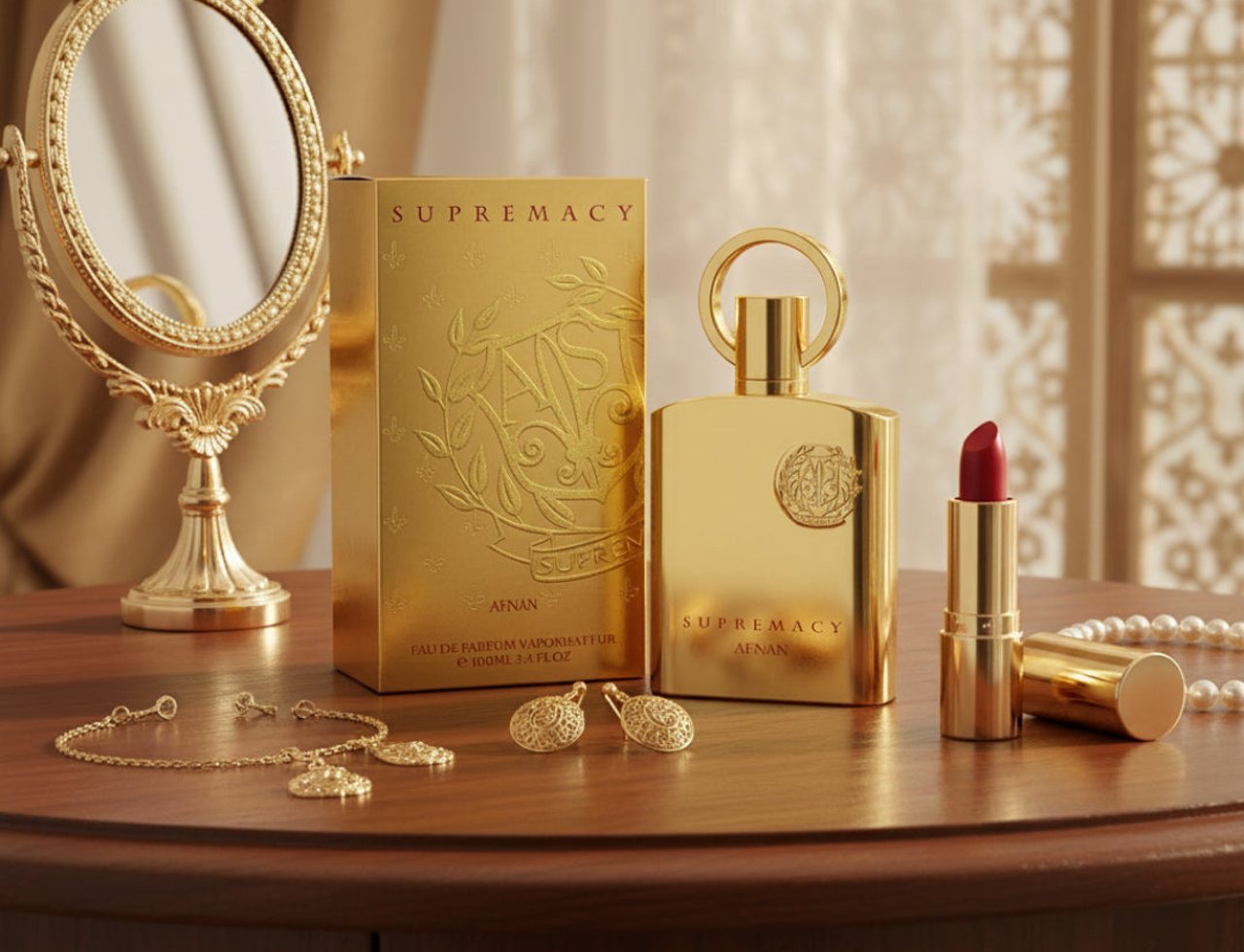 Afnan Supremacy Gold by Afnan Perfumes – Gold perfume bottle, box, lipstick, and jewelry on a wooden vanity.
