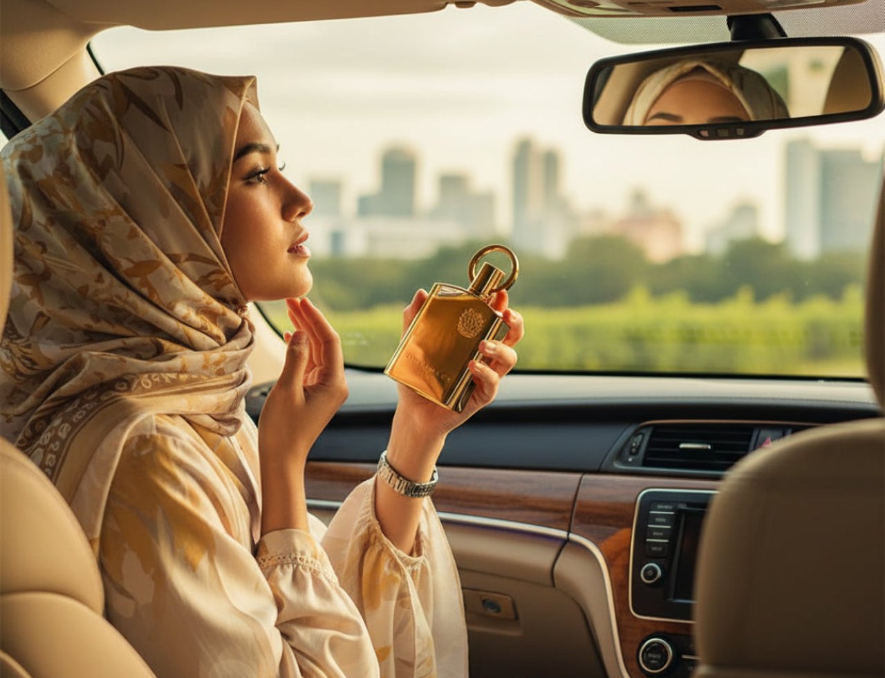 Afnan Supremacy Gold by Afnan Perfumes – Wanita memakai tudung sedang menyembur minyak wangi emas di dalam kereta, dengan latar belakang bandar.