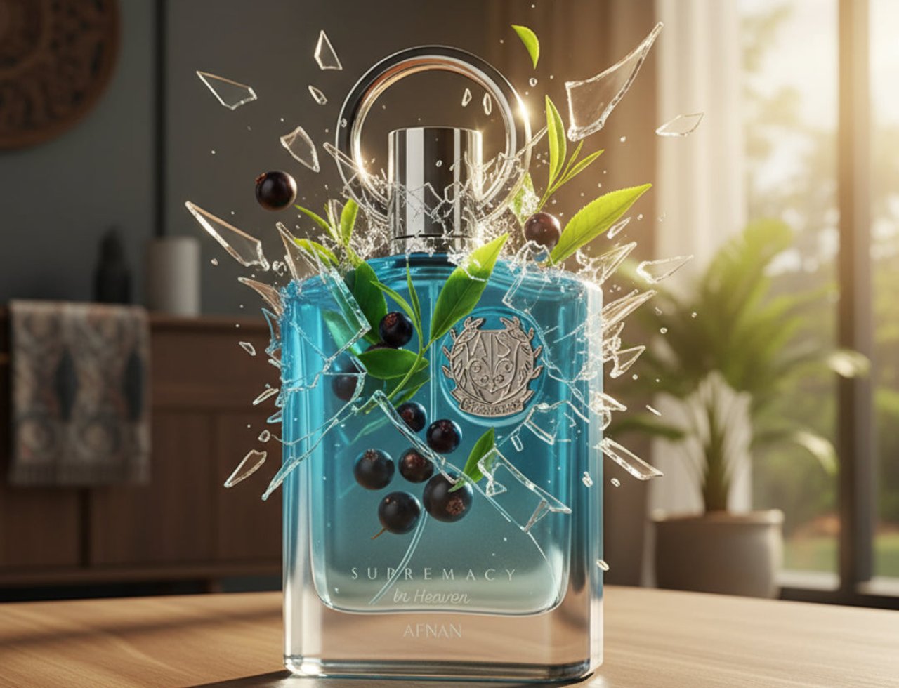 Afnan Supremacy In Heaven by Afnan Perfumes – Botol kaca biru jernih pecah dengan buah beri gelap dan daun hijau, latar belakang dalaman terang dengan cahaya matahari