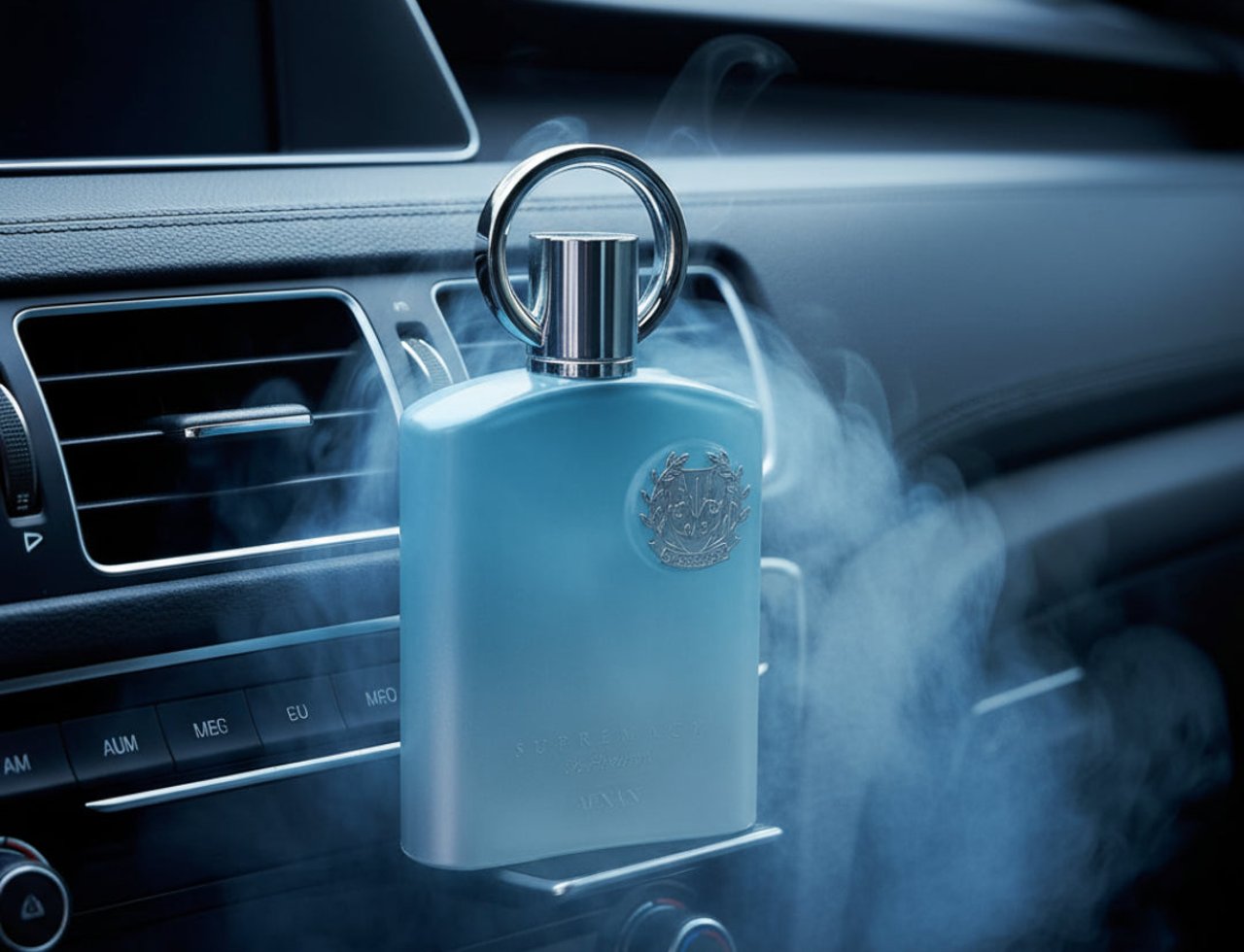 Afnan Supremacy In Heaven by Afnan Perfumes — Blue perfume bottle with silver cap and emblem, emitting smoke, placed in a