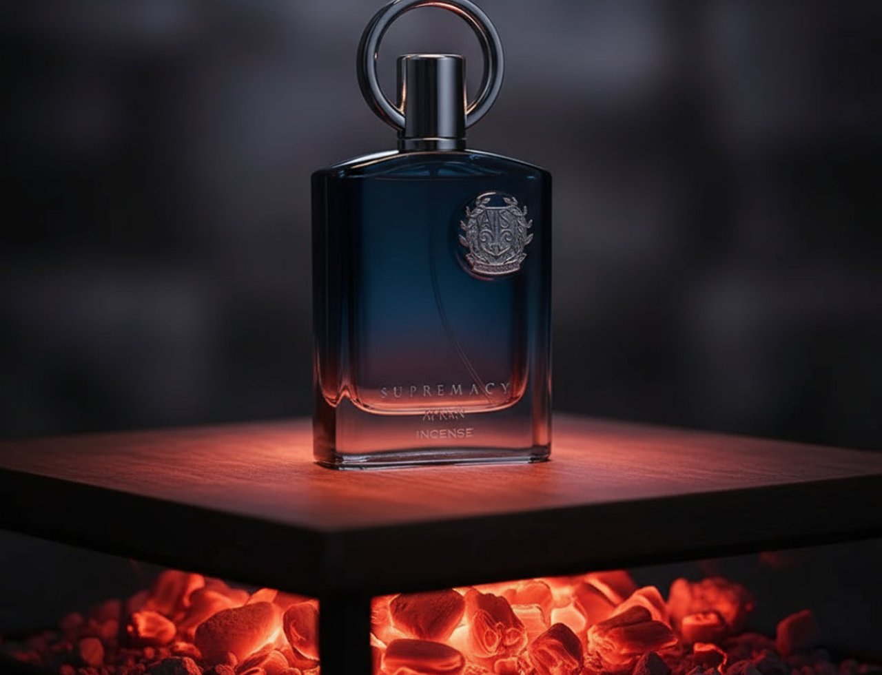 Afnan Supremacy Incense — A glass perfume bottle with a dark blue to orange gradient sits on a wooden surface above glowing