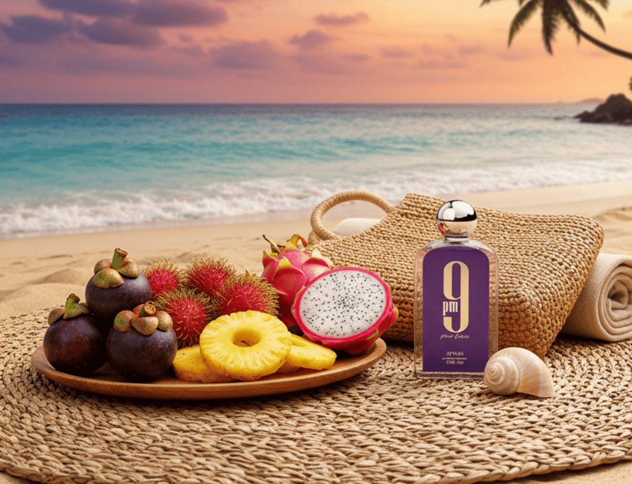 Afnan 9 PM - Pour Femme — Bottle on beach with tropical fruits, straw bag, and seashell