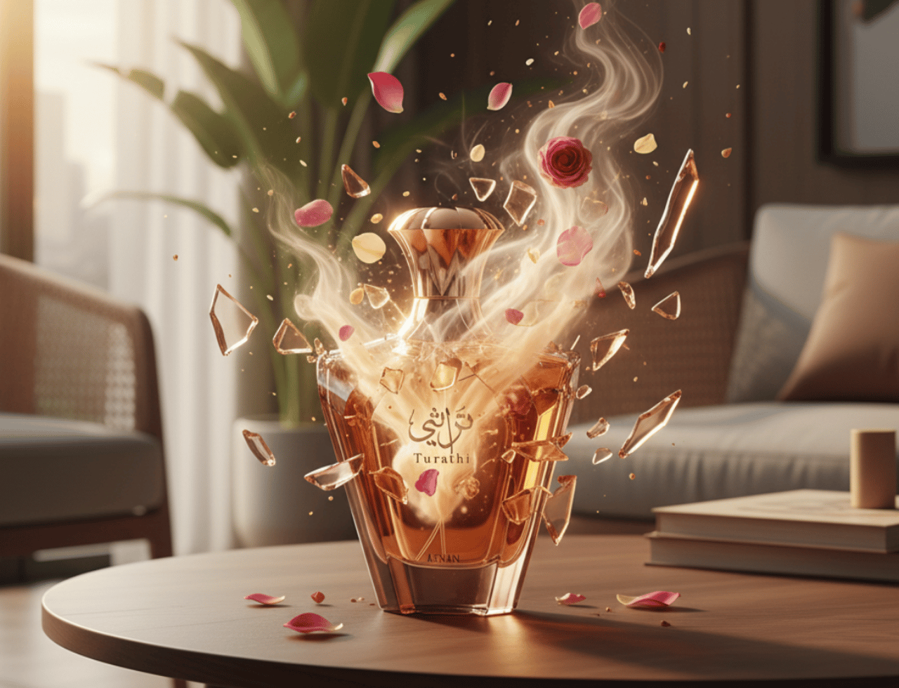 Afnan Turathi Brown by Afnan Perfumes – Botol kaca coklat keemasan pecah berterabur dengan asap dan kelopak bunga mawar merah jambu dan merah di atas meja kayu bulat.