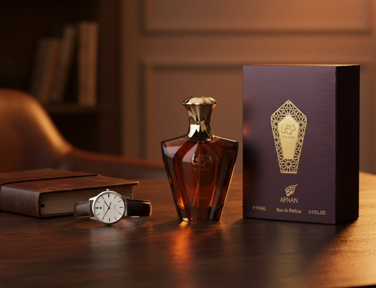 Afnan Turathi Brown — Amber perfume bottle and box on a wooden desk with a leather-bound notebook and wristwatch