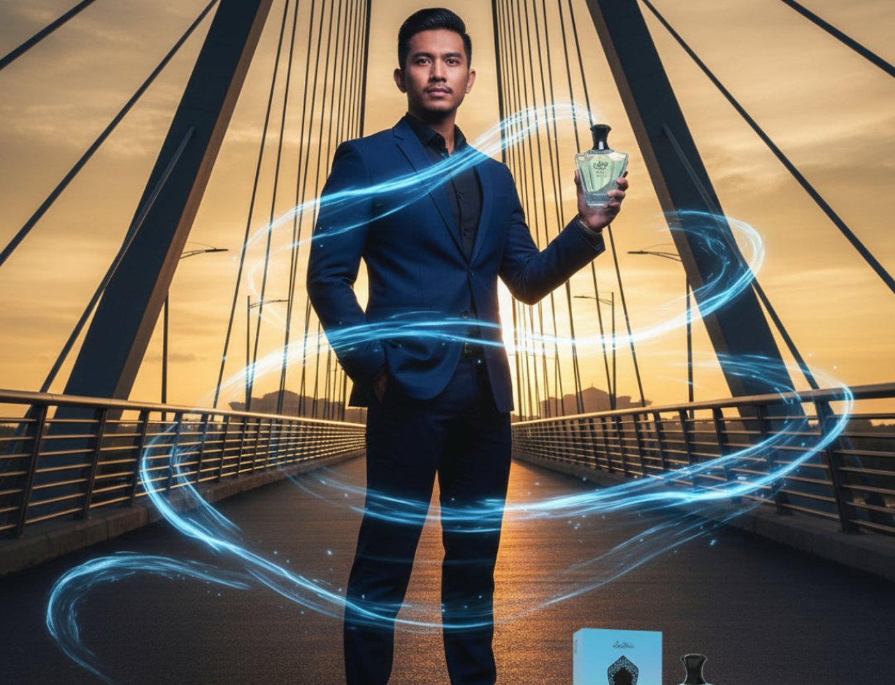 Afnan Turathi Electric by Afnan 90ml EDP Unisex — Man in blue suit holding perfume bottle on bridge at sunset with blue