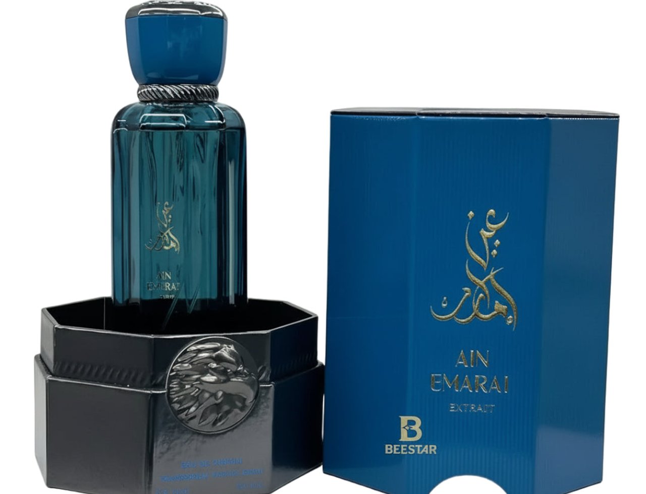 Al Wataniah Ain Emarat Al Wataniah Eternal Extrait Perfume 100ml — Teal glass bottle with ornate cap and lion emblem base