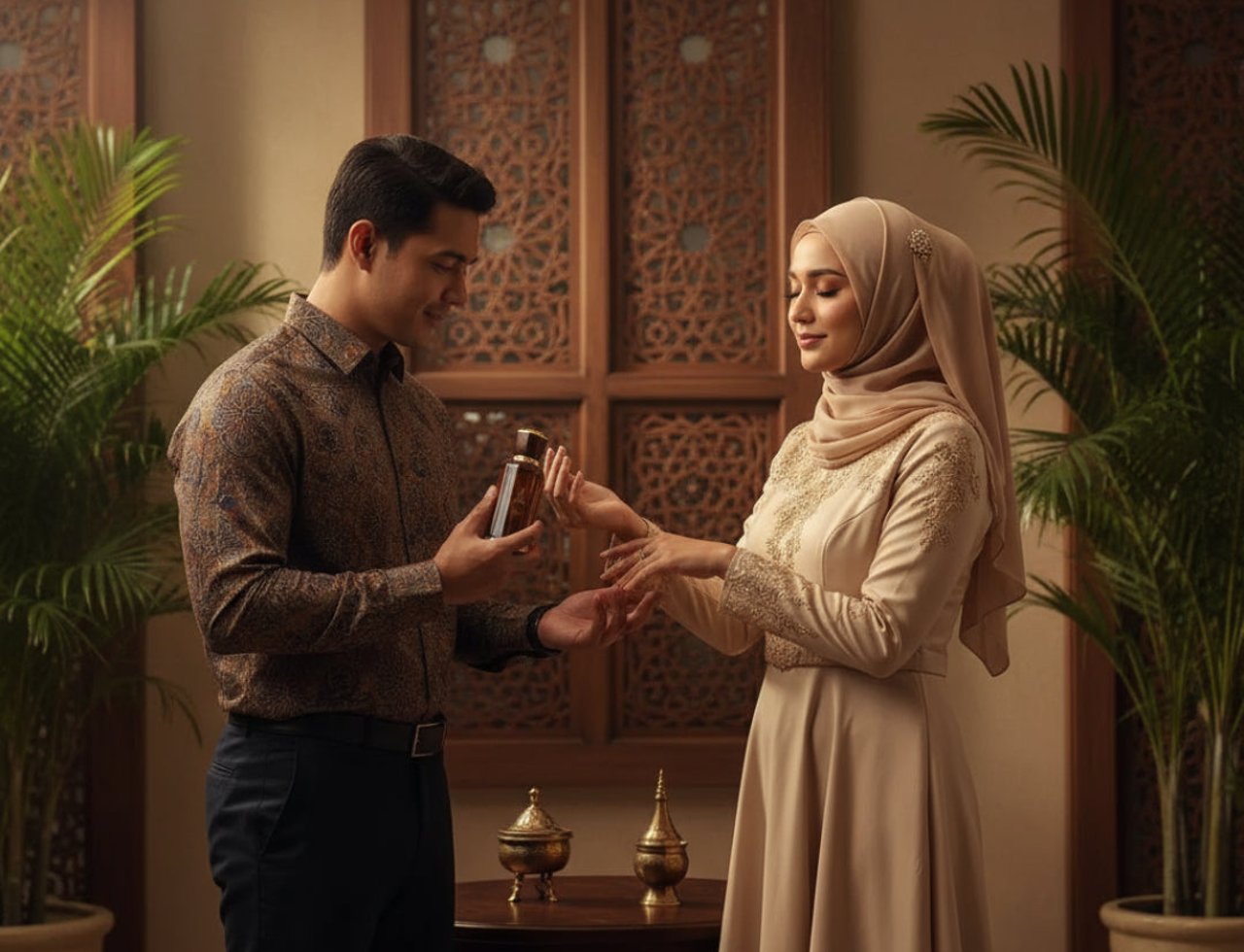 Al Wataniah Ain Emarat — Man offers perfume bottle to woman in hijab, ornate wooden screen background
