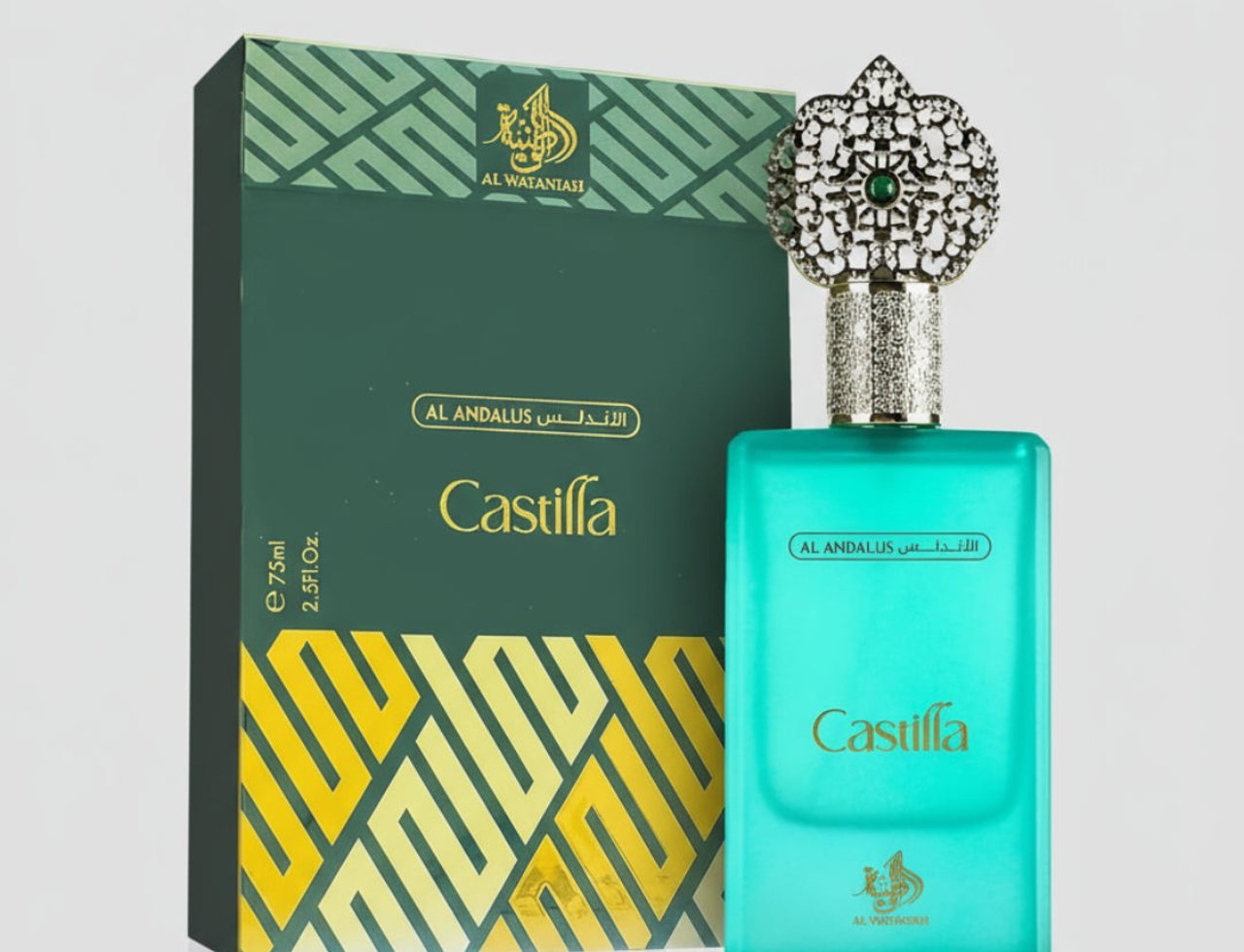 Al Wataniah Castilla — Green box with gold geometric pattern next to a teal perfume bottle with a jeweled silver cap and