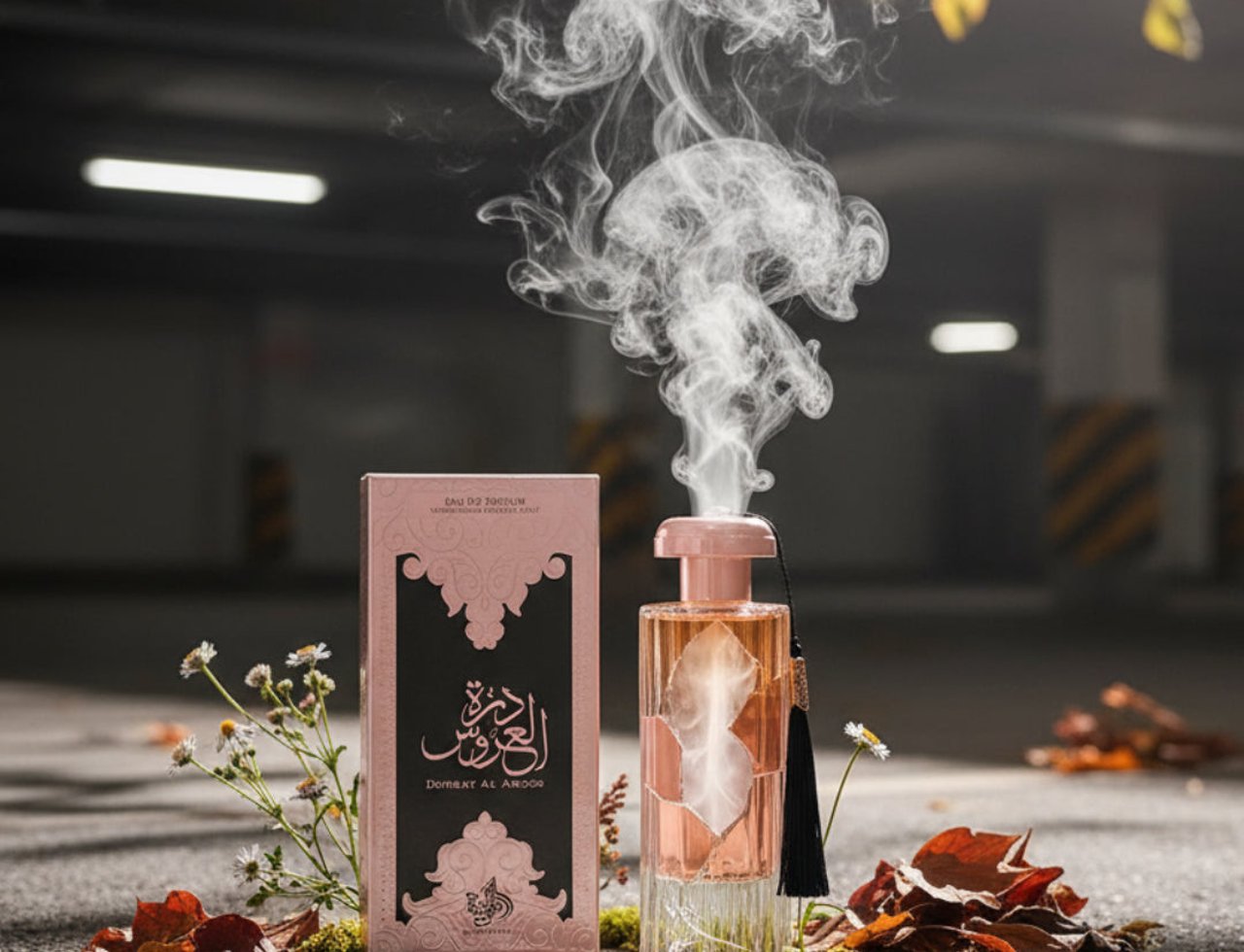 Al Wataniah Durrat Al Aroos – Pink box and glass bottle with smoke rising, surrounded by leaves and flowers on asphalt.