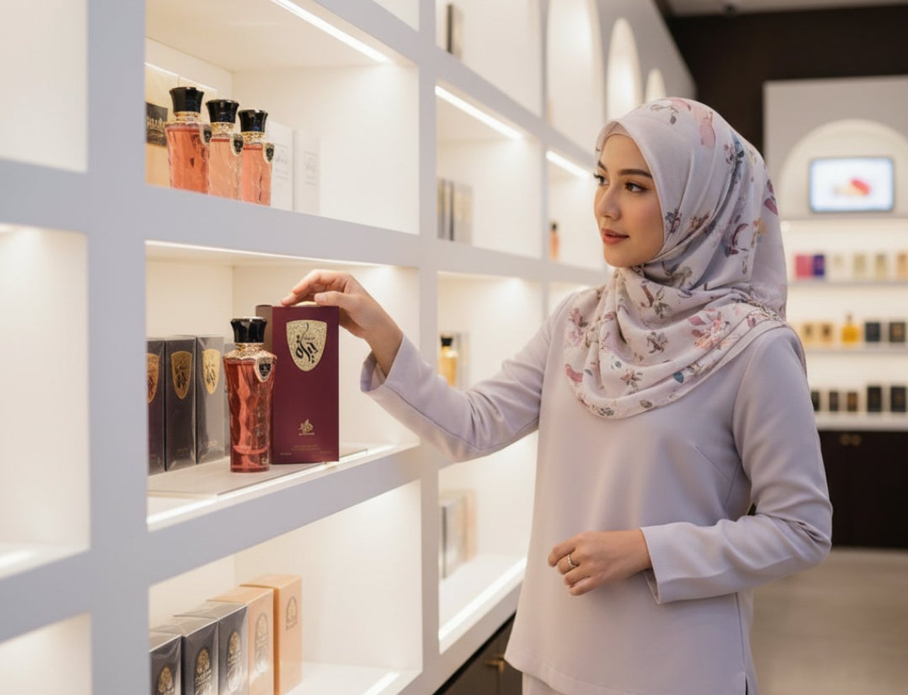 Al Wataniah Hayat by Al Wataniah 100ml EDP Unisex — Wanita memakai tudung berbunga memilih botol minyak wangi di rak kedai yang terang