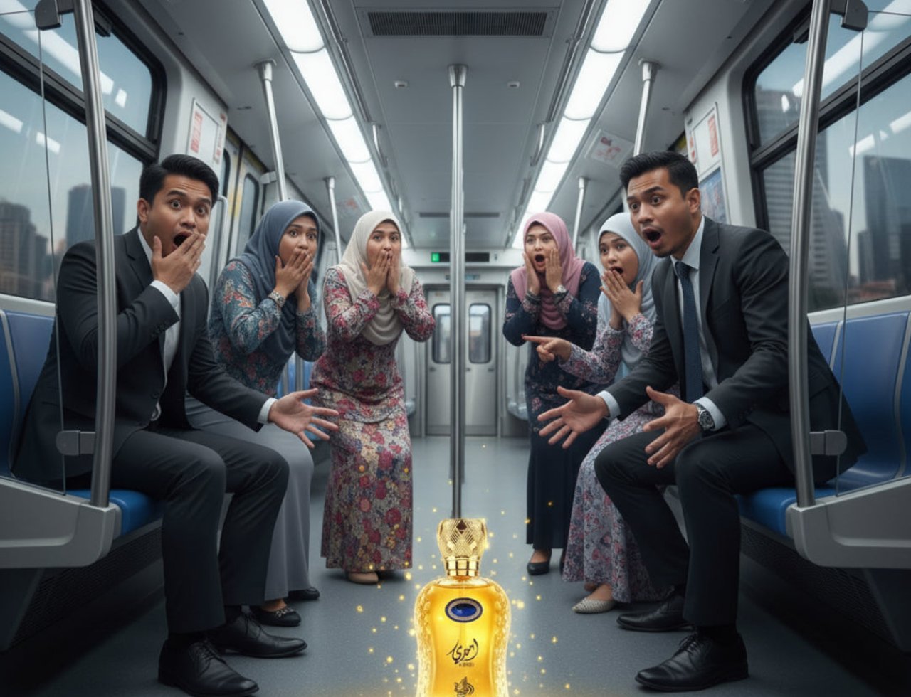 Afnan Ameeri by Al Wataniah for Men 100ml EDP — Sekumpulan orang terkejut melihat botol wangian emas berkilauan di tengah gerabong LRT.