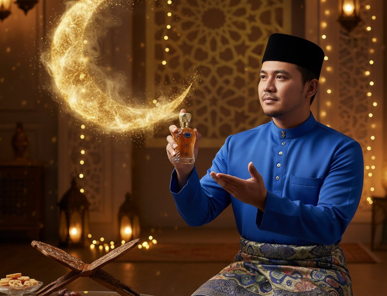 Al Wataniah Ameeri — Man in blue kurta holds perfume bottle near glowing crescent moon and Quran stand with dates.
