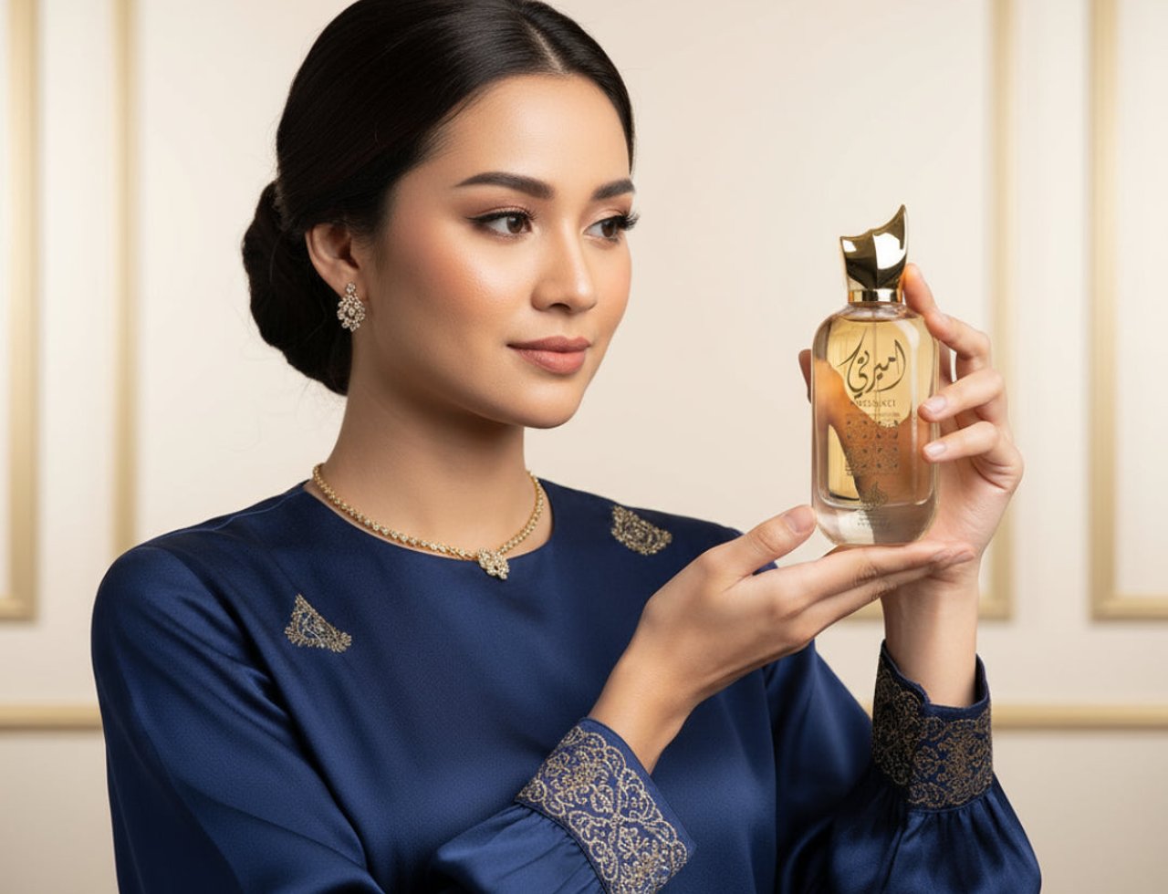 Al Wataniah Ameerati by Al Wataniah — Woman in blue dress holding perfume bottle, wearing gold jewelry.