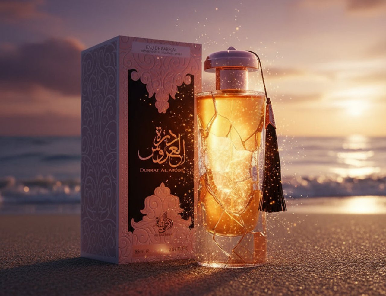 Al Wataniah Durrat Al Aroos by Al Wataniah – 85 ml for Women, botol kaca retak berisi cecair keemasan, kotak berhias, di pantai waktu senja dengan percikan kilauan