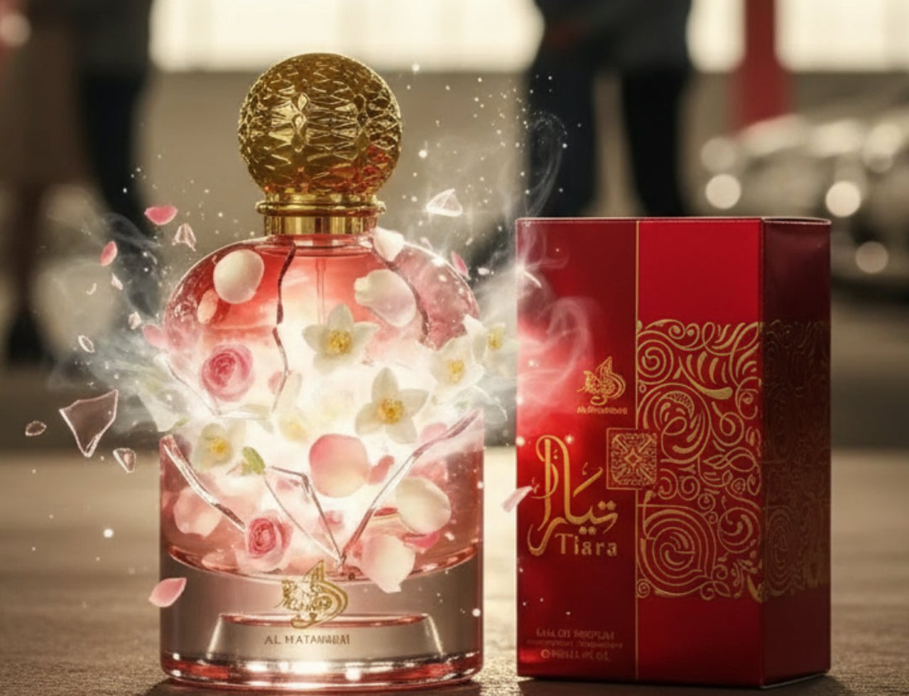 Al Wataniah Tiara by Al Wataniah – 100 ml for Women – Botol kaca bulat merah jambu pecah dengan bunga dan kelopak, penutup emas, kotak merah berhias di sebelah, latar belakang kelabu samar.