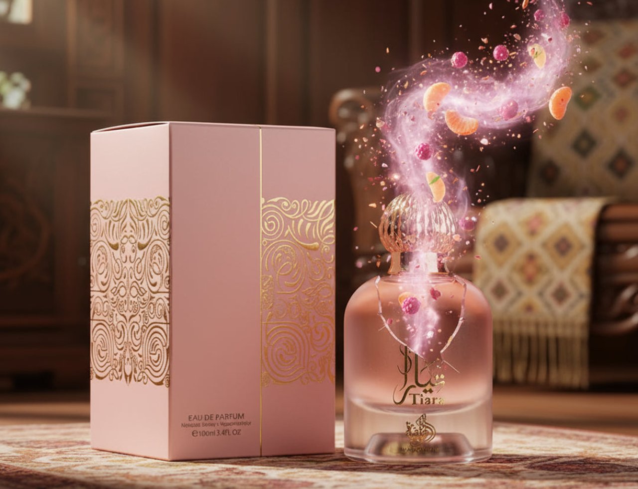 Al Wataniah Tiara Pink by Al Wataniah – 100 ml for Women, botol kaca merah jambu dengan penutup emas, kotak merah jambu berhias emas, dan kesan zarah buah-buahan serta asap merah jambu terapung.