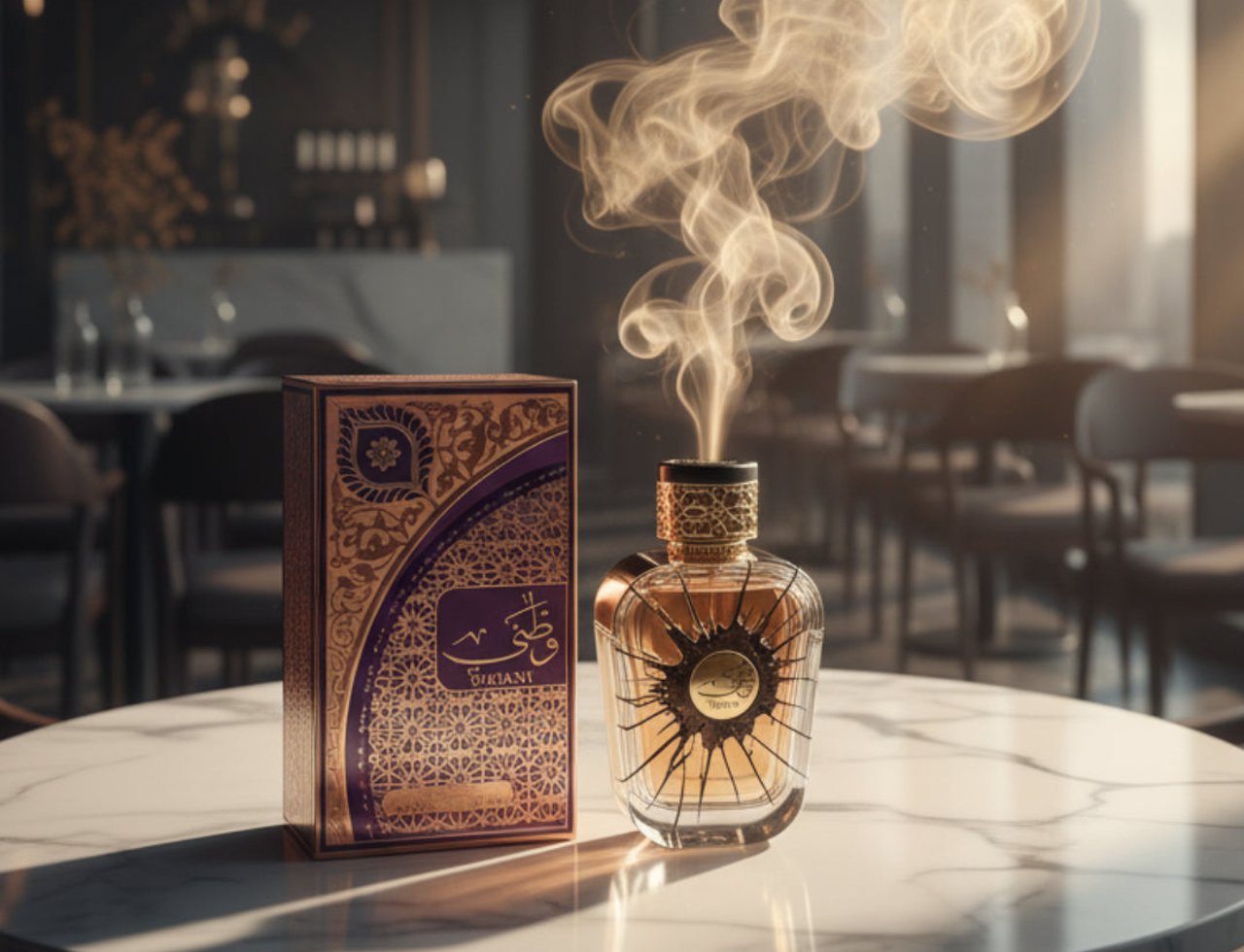 Al Wataniah Watani 100ml EDP – Botol kaca jernih dengan penutup emas, kotak ungu berhias emas, asap naik dari botol, di atas meja marmar di dalam restoran